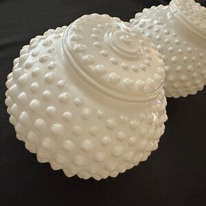 Vintage MCM White Hobnail Milk Glass Globe Lamp Shades Light Covers Pair 3.25"